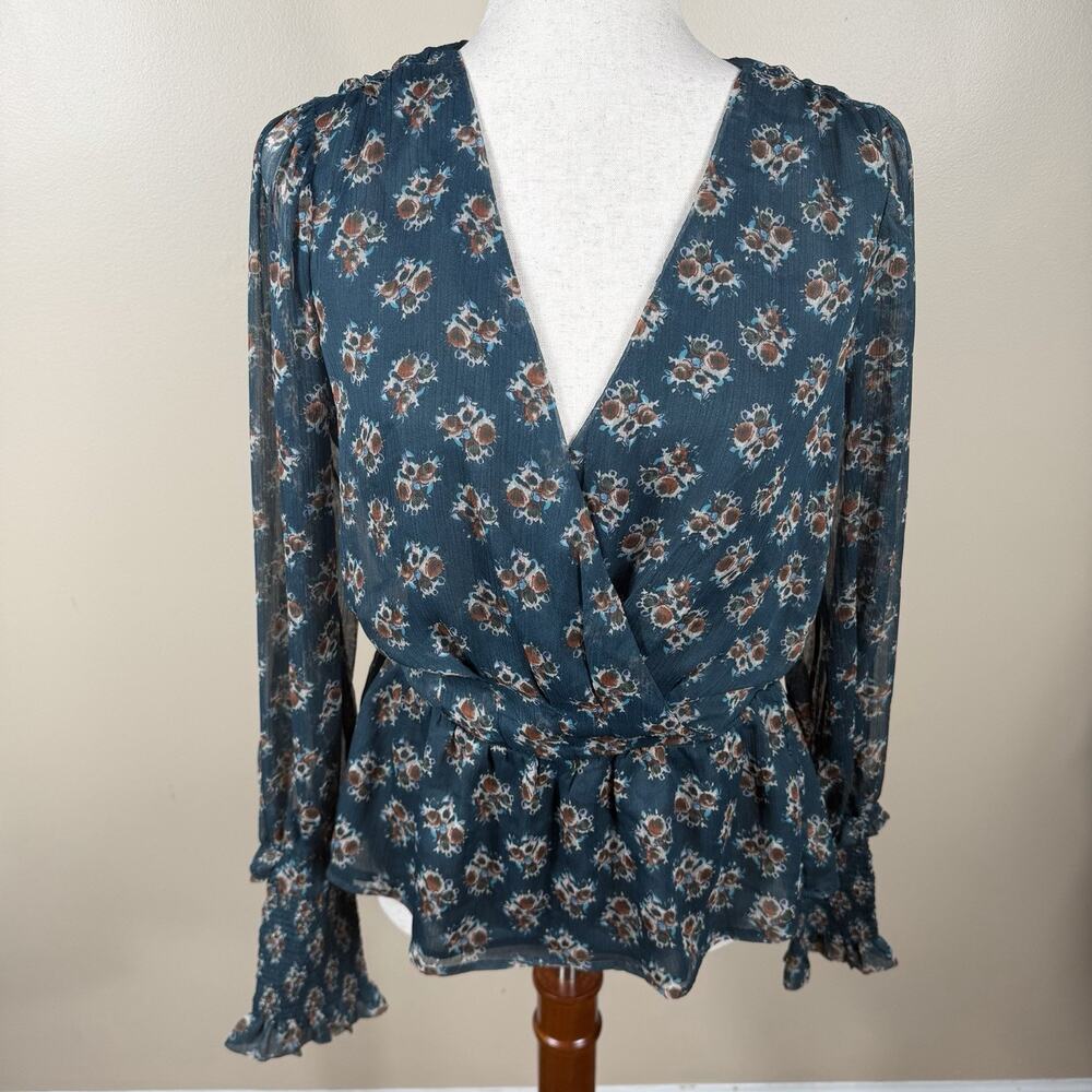 Walter Baker Floral Sheer Blouse Boho Peplum Smocked Sleeve Teal Medium